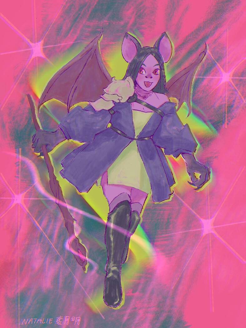 Bat-tina - Drawn and coloured with brushes that my middle school students made, 2024.