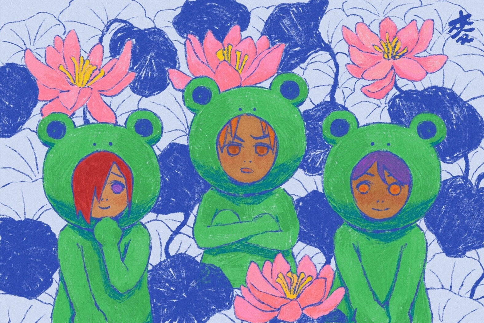 Ame trio from Naruto Shippuden in frog costumes.